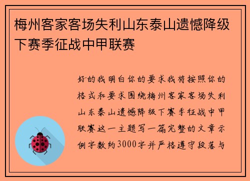梅州客家客场失利山东泰山遗憾降级下赛季征战中甲联赛