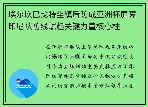 埃尔坎巴戈特坐镇后防成亚洲杯屏障印尼队防线崛起关键力量核心柱