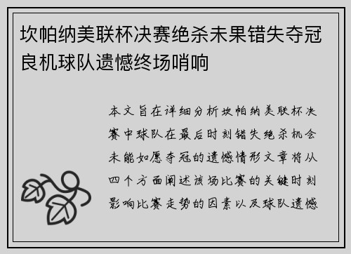 坎帕纳美联杯决赛绝杀未果错失夺冠良机球队遗憾终场哨响
