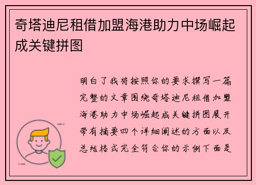 奇塔迪尼租借加盟海港助力中场崛起成关键拼图